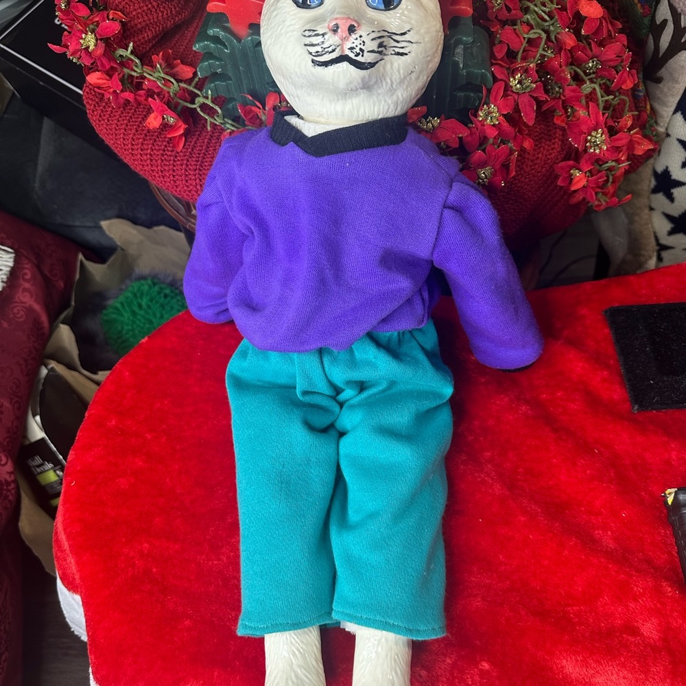 🐱 Handmade Vintage Cat Doll – Purple & Teal Outfit – Folk Art Style